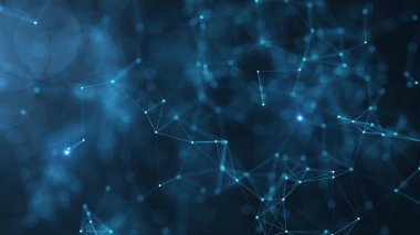 Mavi arkaplandaki soyut bağlantılı nokta ve çizgiler. Hareket çizgileri ve noktaları olan iletişim ve teknoloji ağı kavramı. Kusursuz döngü 44K 