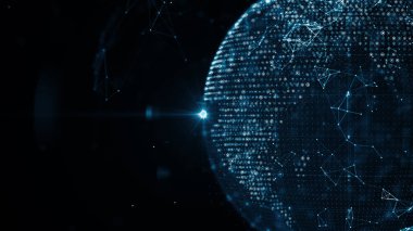 Büyüyen küresel ağ ve veri bağlantıları kavramı. Dünya gezegenini çevreleyen soyut bilimsel teknoloji veri ağı modern dijital çağın bağlantı, karmaşıklık ve veri selini iletiyor.