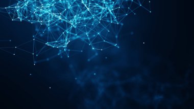 Mavi arkaplandaki soyut bağlantılı nokta ve çizgiler. Hareket eden çizgiler ve noktalar ile iletişim ve teknoloji ağı kavramı.
