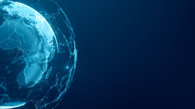 İletişim teknolojisi küresel dünya ağı konsepti. Dünya 'nın etrafındaki bağlantı hatları, dijital veri akışının hareketi. Işık Efektli Gelecek Teknolojisi Teması Arkaplanı. 