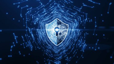 Siber güvenlik kavramı. Dijital veri arkaplanında Anahtar Deliği simgesi olan Kalkan. Siber veri güvenliği ya da bilgi gizlilik fikrini resmediyor. Mavi soyut yüksek hızlı internet teknolojisi.