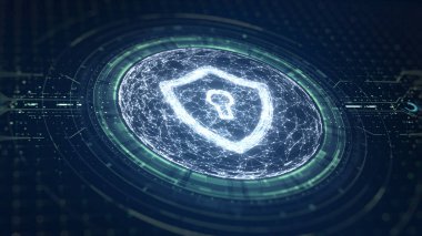 Siber güvenlik kavramı. Dijital veri arkaplanında Anahtar Deliği simgesi olan Kalkan. Siber veri güvenliği ya da bilgi gizlilik fikrini resmediyor. Mavi soyut yüksek hızlı internet teknolojisi.