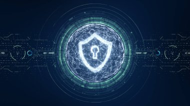 Siber güvenlik kavramı. Dijital veri arkaplanında Anahtar Deliği simgesi olan Kalkan. Siber veri güvenliği ya da bilgi gizlilik fikrini resmediyor. Mavi soyut yüksek hızlı internet teknolojisi.