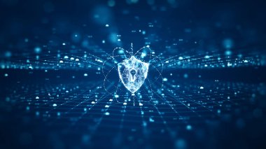 Siber güvenlik kavramı. Dijital veri arkaplanında Anahtar Deliği simgesi olan Kalkan. Bulut ve asma kilit ikonu siber güvenlik veya veri gizlilik kavramlarını gösterir. 3B illüstrasyon