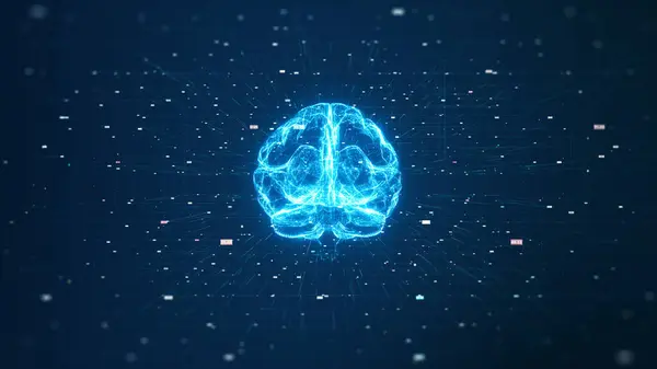 Teknoloji Yapay Zekası (AI) beyin animasyonu dijital veri kavramı. Büyük Veri Akımı Analizi. Derin Öğrenen Modern Teknolojiler. Gelecekçi Siber Teknoloji İnovasyonu. Hızlı dijital ağ.