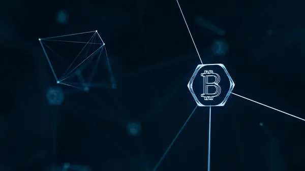 Bitcoin ve engelleme zinciri kripto para birimi konsepti üzerinde bitcoin para birimi işareti var. Dünya parası için dijital şifreleme ağı.