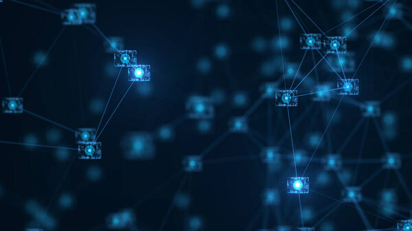Блокчейн сети концепт. Изометрические цифровые блоки квадратный код большая связь данных с распределенной технологии бухгалтерского учета, криптовалюта финансов биткойн бизнес.