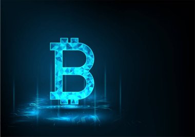  Logo bitcoin dijital para birimi ile soyut gelecek parası mavi arka plan. Ağ kavramı.