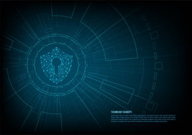 Siber güvenlik kavramı: Dijital veri arka planında anahtar deliği simgesi olan kalkan. Siber veri güvenliği ya da bilgi gizlilik fikrini resmediyor. Mavi soyut yüksek hızlı internet teknolojisi.