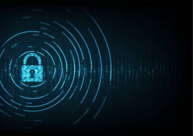 Siber güvenlik kavramı: Dijital veri arka planında anahtar deliği simgesi olan asma kilit. Siber veri güvenliği ya da bilgi gizlilik fikrini resmediyor. Mavi soyut yüksek hızlı internet teknolojisi.