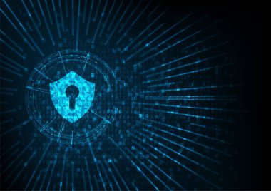 Siber güvenlik kavramı: Dijital veri arka planında anahtar deliği simgesi olan asma kilit. Siber veri güvenliği ya da bilgi gizlilik fikrini resmediyor. Mavi soyut yüksek hızlı internet teknolojisi.