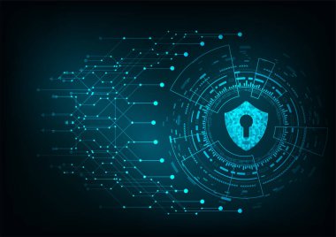 Siber güvenlik kavramı: Dijital veri arka planında anahtar deliği simgesi olan asma kilit. Siber veri güvenliği ya da bilgi gizlilik fikrini resmediyor. Mavi soyut yüksek hızlı internet teknolojisi.