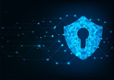 Siber güvenlik kavramı: Dijital veri arka planında anahtar deliği simgesi olan kalkan. Siber veri güvenliği ya da bilgi gizlilik fikrini resmediyor. Mavi soyut yüksek hızlı internet teknolojisi.