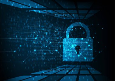 Siber güvenlik kavramı: Dijital veri arka planında anahtar deliği simgesi olan kalkan. Siber veri güvenliği ya da bilgi gizlilik fikrini resmediyor. Mavi soyut yüksek hızlı internet teknolojisi.