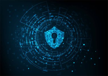 Siber güvenlik kavramı: Dijital veri arka planında anahtar deliği simgesi olan kalkan. Siber veri güvenliği ya da bilgi gizlilik fikrini resmediyor. Mavi soyut yüksek hızlı internet teknolojisi.
