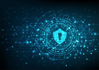 Siber güvenlik kavramı: Dijital veri arka planında anahtar deliği simgesi olan kalkan. 