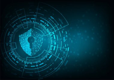 Mavi soyut arkaplanda elmas kalkan anahtar deliği simgesine sahip internet teknolojisi siber güvenlik kavramı. 