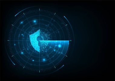 İnternet teknolojisi siber güvenlik konsepti. Mavi soyut arkaplanda radar ekranlı bilgisayar virüsü saldırısı..