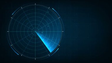 Dijital mavi gerçekçi radar. Hedefler aranıyor. Hava araması. Askeri arama sistemi. Navigasyon arayüzü duvar kağıdı. Donanma sonarı. Kusursuz döngü animasyonu. 4k 