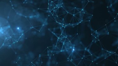Mavi arkaplandaki soyut bağlantılı nokta ve çizgiler. Hareket eden çizgiler ve noktalar parlayan iletişim ve teknoloji ağı kavramı. Kusursuz döngü 4K 