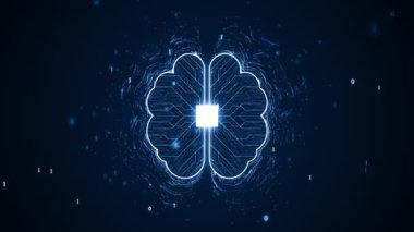 Teknoloji Yapay Zekası (AI) beyin animasyonu dijital veri kavramı. Büyük Veri Akımı Analizi. Derin Öğrenen Modern Teknolojiler. Gelecekçi Siber Teknoloji İnovasyonu. Hızlı dijital ağ.