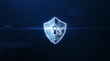 Siber güvenlik kavramı. Dijital veri arkaplanında Anahtar Deliği simgesi olan Kalkan. Siber veri güvenliği ya da bilgi gizlilik fikrini resmediyor. Mavi soyut yüksek hızlı internet teknolojisi.
