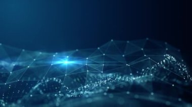 Soyut Plexus Dijital Mavi Renk Dalgası Triangulasyon Şekilleri dalga ve ışık soyut arkaplan üzerinde akan küçük parçacıklar ile dijital mavi renk dalgası üzerinde dans eder. Siber ya da teknoloji geçmişi.