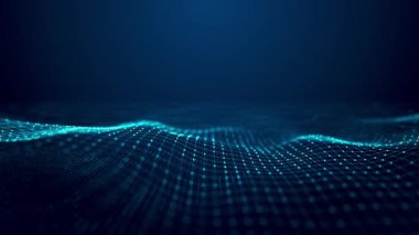Akan küçük parçacıkların dalga ve ışık soyut arkaplan üzerinde dans ettiği soyut dijital mavi renk dalgası. Siber ya da teknoloji geçmişi. 