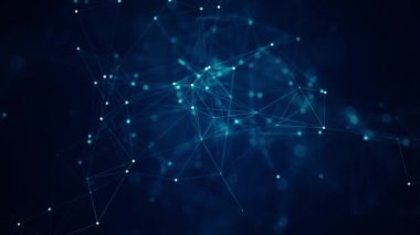 Teknoloji ağı arka planda. Mavi arkaplandaki soyut bağlantılı nokta ve çizgiler. Hareket eden çizgiler ve noktalar ile iletişim ve teknoloji ağı kavramı.