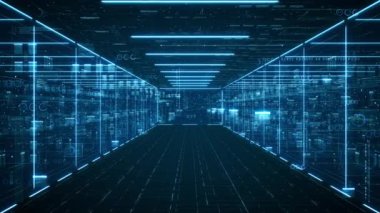 Veri sunucuları ve veri merkezi kavramı. Soyut veri merkezi için hareket grafiği, veri akışı. Büyük veriler aktarılıyor ve blockchain depolanıyor, sunucu 3D oluşturma.