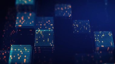 Blok zinciri konsepti. Büyük veri ikili kodu geleceksel bilgi teknolojisi, veri akışı. Büyük veriler aktarılıyor. Birbirine bağlı veri blokları bir kripto para bloklama zinciri tasvir ediyor. 3B Hazırlama.