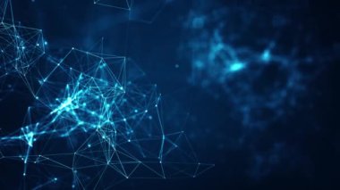 Mavi arkaplandaki soyut bağlantılı nokta ve çizgiler. Hareket eden çizgiler ve noktalar ile iletişim ve teknoloji ağı kavramı.