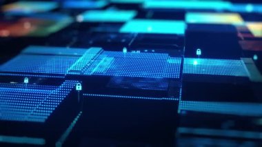Blockchain konsepti. Büyük veri ikili kodu geleceksel bilgi teknolojisi, veri akışı. Büyük veriler aktarılıyor. Birbirine bağlı veri blokları bir kripto para bloklama zinciri tasvir ediyor. 3B Hazırlama.