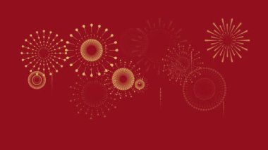 Kırmızı arka planda altın havai fişekler olan Çin Yeni Yıl arkaplanı. Düz stil tasarım. Tatil afişi, Çin Yeni Yıl Kutlama döngüsü arka plan dekorasyonu kavramı.