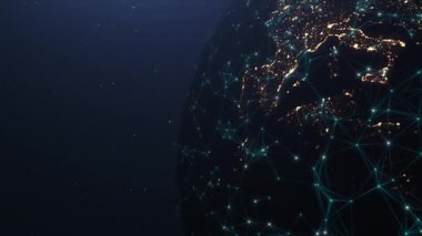 Küresel ağ bağlantısı ve veri bağlantı kavramı. İletişim teknolojisi küresel ağ. Dünya üzerindeki küresel ağ ve telekomünikasyon kripto para birimi ve engelleme zinciri ve IoT.