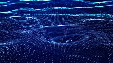 Soyut Siber Büyük Veri Akımı Parçacıkları. Büyük veri akışı ve çizgilerle yapay zeka ve veri analizi ve teknoloji kavramları için uygun bir şebeke dalgası deseni..