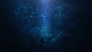 Teknoloji ağı arka planda. Mavi arkaplandaki soyut bağlantılı nokta ve çizgiler. Hareket eden çizgiler ve noktalar ile iletişim ve teknoloji ağı kavramı.