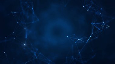 Parlak bağlantı noktalarına sahip soyut mavi dijital ağ, veri akışını, küresel iletişimi, teknoloji ağını ve gelecekteki dijital altyapıyı temsil ediyor.