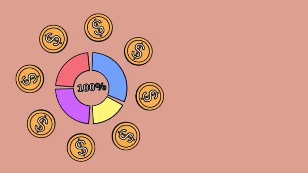 Tortendiagramm Cartoon Stil Mit Finanzwachstumsindikatoren Und Rotierenden Dollarmünzen — Stockvideo