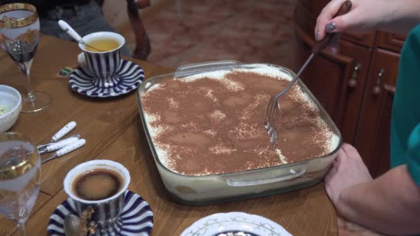 一个女人的手把新做的蛋糕分成块 她在茶中加入甜食 — 图库视频影像