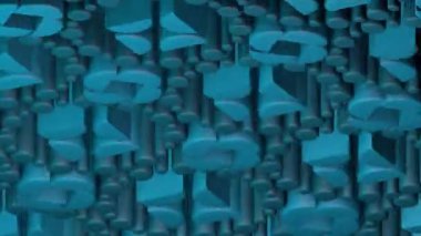 Soyut 3D animasyon. Birçok dönen parçaya sahip karmaşık bir mekanizmanın döngülü hareketi, mavi animasyon arkaplan..