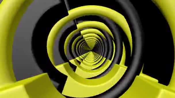 抽象的なループアニメーションで カメラは常に形を変えている黄色の黒いトンネルを通って移動します — ストック動画