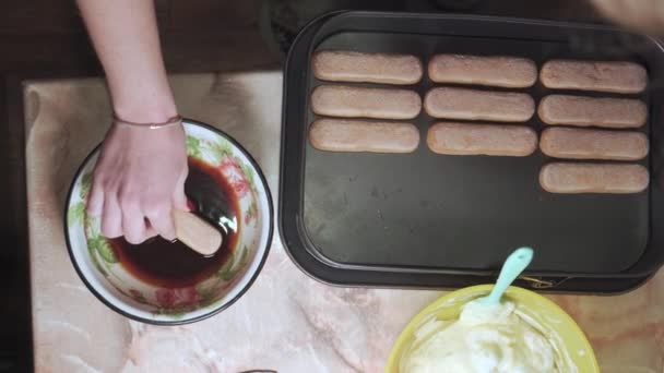 Woman Hand Soaks Cookies Coffee Places Them Tray Make Tiramisu — Stock Video