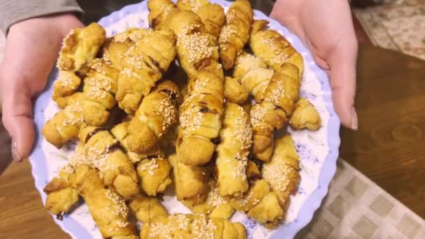 Delicious Homemade Cookies Plate Female Hands — Stok video