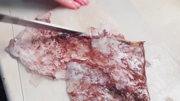 Women Hands Remove Skin Squid Cooking — Stock video