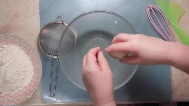 Female Hands Break Chicken Egg Transparent Plate Stir Whisk View — Stockvideo