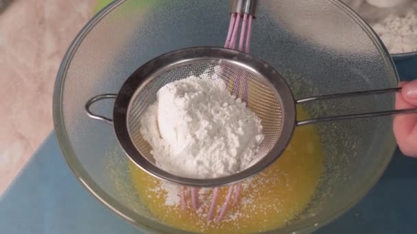 Women Hands Put Flour Sieve Sifting Mixing Flour Chicken Egg — Stockvideo