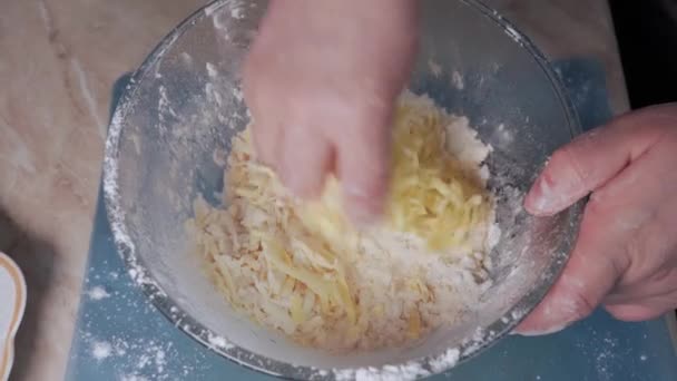 Women Hands Mix Flour Butter While Preparing Dough Homemade Cookies — Stockvideo