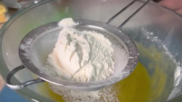 Putting Flour Sieve Sift Making Dough — Video Stock