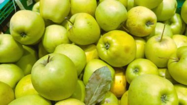 Green apples lie on the counter of a store or market.